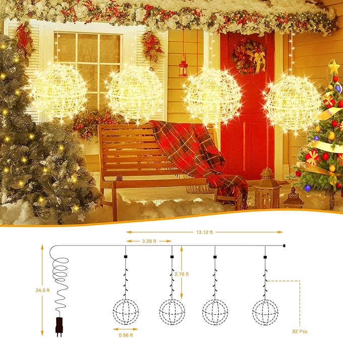 Christmas String Lights Outdoors,4 Pack 11.81" Sphere Lights,Ball Tree Garden Globe Lights for Home, Party, Christmas, Porch Patio,Wedding, Garden,Tree Decoration with Plug
