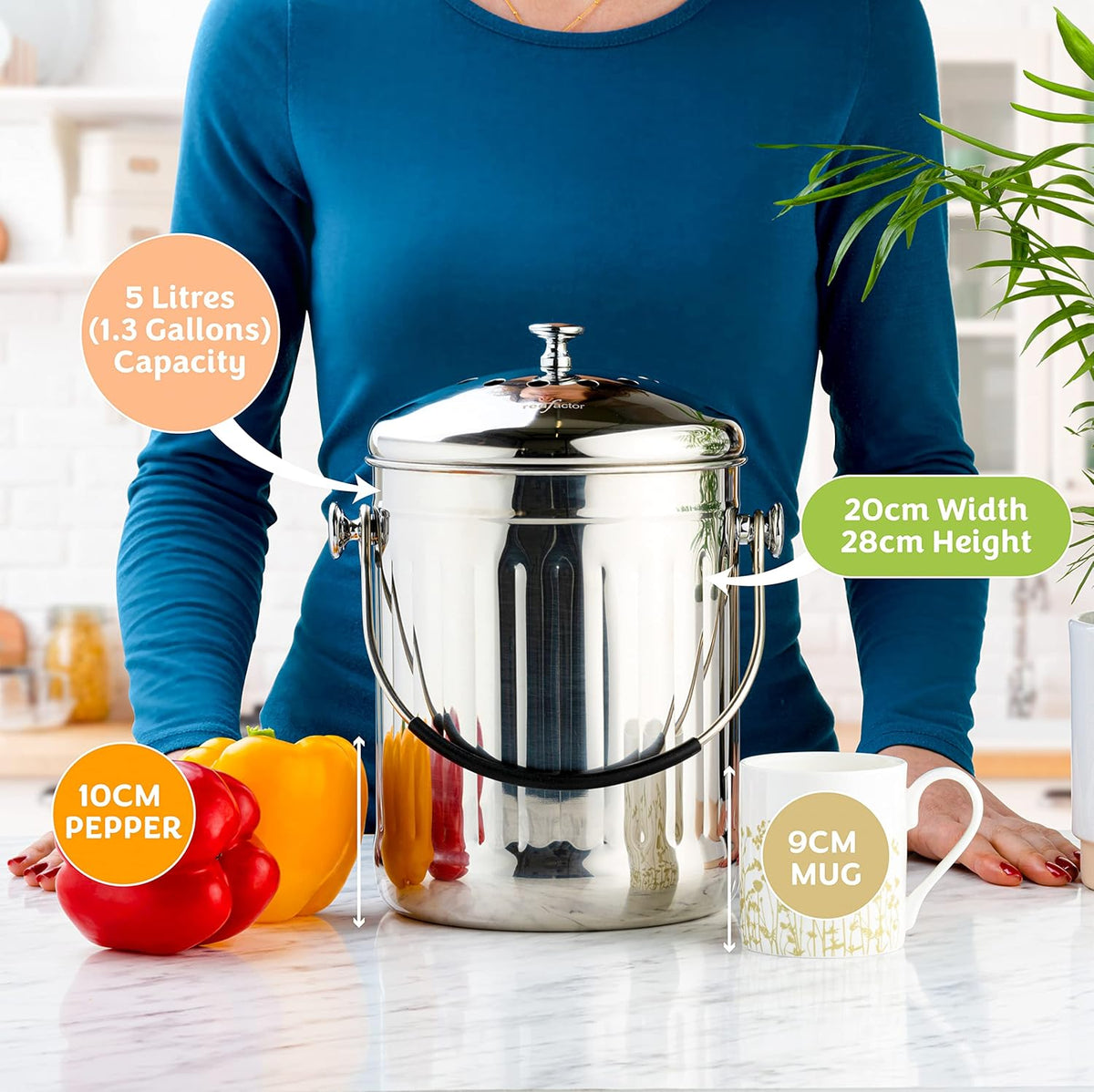 RED FACTOR Premium Compost Bin for Kitchen Countertop - Stainless Steel Food Waste Bucket with Innovative Dual Filter Technology - Includes Spare Filters (Brilliant Steel, 1.3 Gallon)