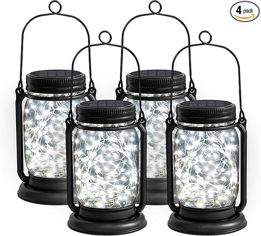 4 Pack Hanging Solar Lantern Lights, 30LED Vintage Glass Mason Jar Solar Fairy Lights Outdoor Decorative Waterproof Table Lamp with Stakes for Patio Yard Lawn Tree