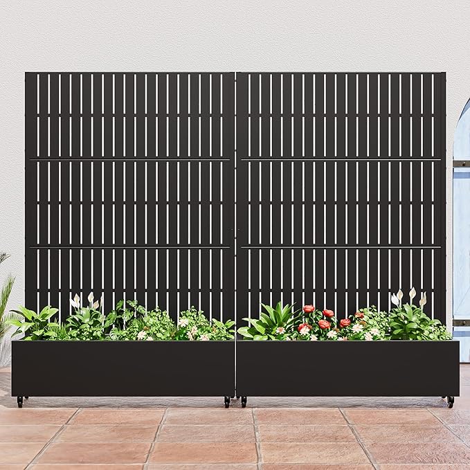 Casaphoria Metal Raised Garden Bed with Trellis and Wheels, 72"x47"x16" Planter Box for Climbing Plants, Vegetables & Vines, Features Drainage Holes and Privacy Screen (Black)