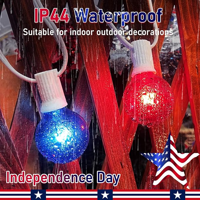 4th of July Decorations Lights Outdoor, 25Ft Red White and Blue Lights with 25 G40 Light Bulbs, Plug in G40 Patriotic Light for Indoor Independence Day Party Memorial Day-White