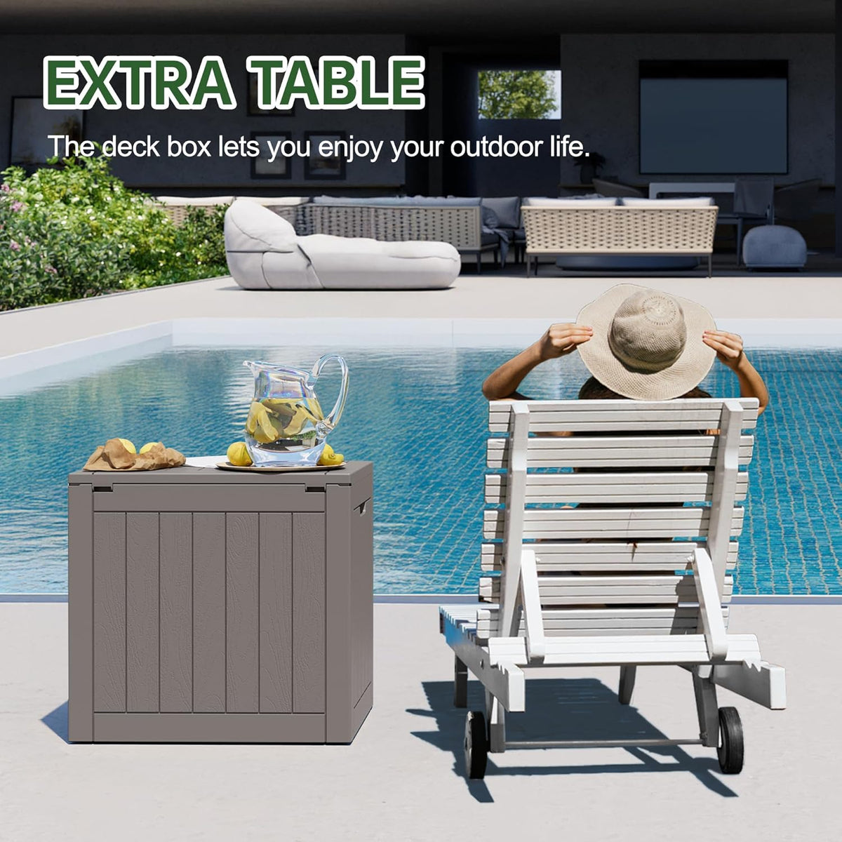 KAMABOKO Deck Box, 35 Gallon Resin Indoor and Outdoor Storage Boxes Waterproof for Garden Tools, Pool Accessories Storage Bench, Patio Furniture and Cushions with Lockable Lid, Grey
