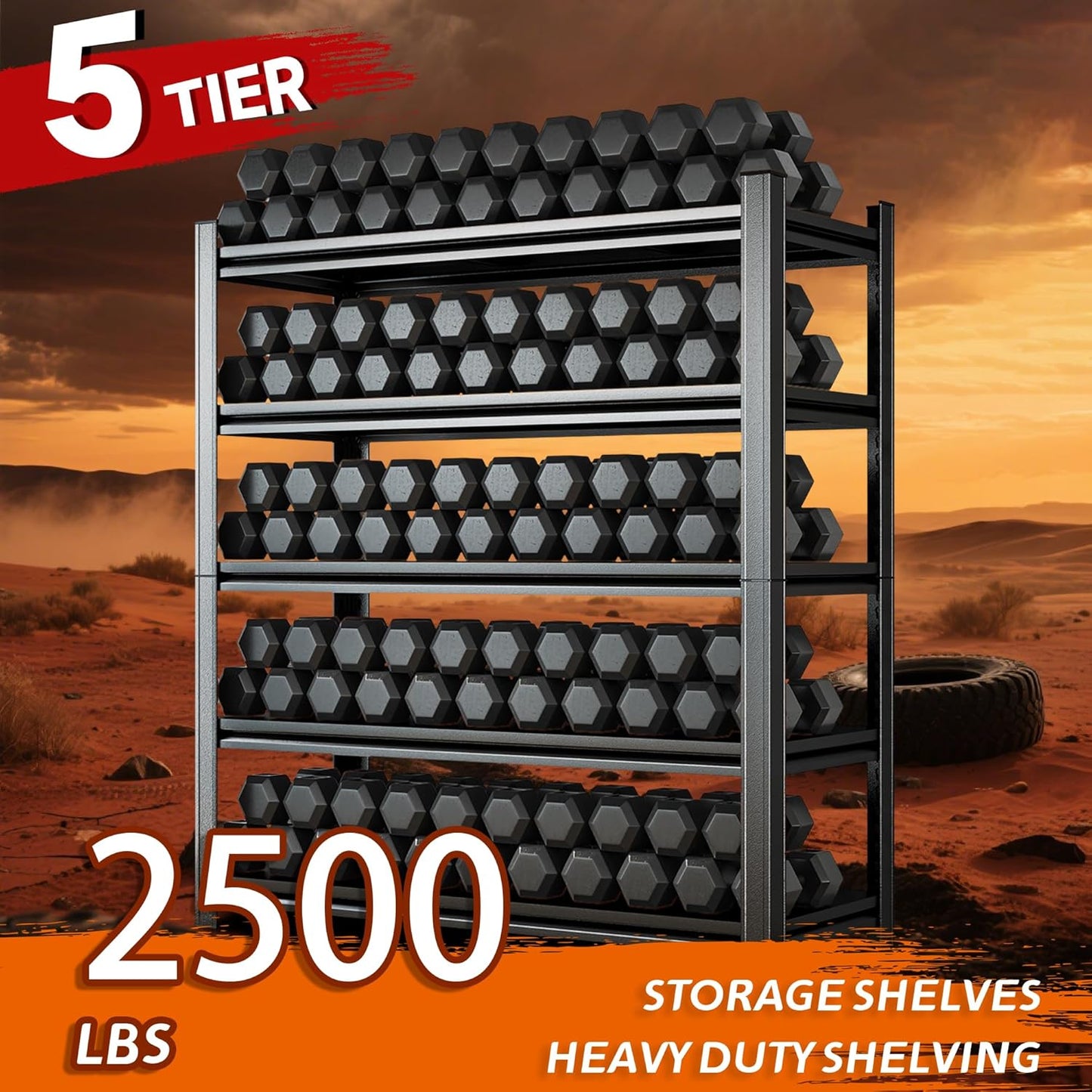 Heavy Duty 5-Tier Shelving Unit 2500LBS Capacity - Adjustable Steel Garage Shelves for Warehouse, Basement Storage(63''H x 39.4''W x 17.7''D)