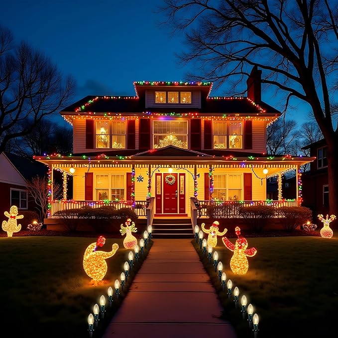 C9 Christmas Pathway Lights Outdoor, 38Ft 25 C9 Incandescent Warm White Pathway Marker Stakes Waterproof for Walkway Lawn Sidewalk Driveway Holiday