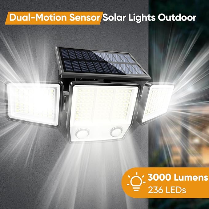 Solar Motion Sensor Outdoor Lights Waterproof - 3000LM 3 Modes Security Lights Outdoor 270° Illumination IP65 LED Solar Flood Wall Light for Garden Yard Patio Pathway (2 Pack)
