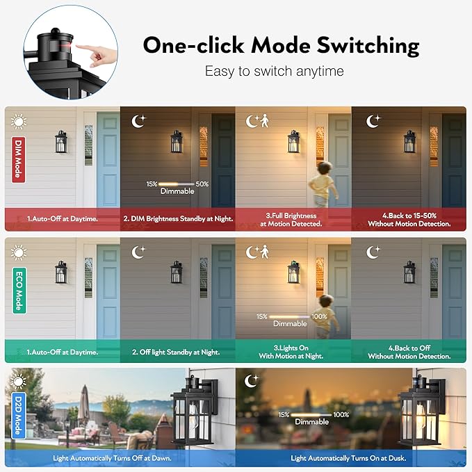 Motion Sensor Outdoor Light, Black Porch Light Dusk to Dawn, Waterproof Outdoor Motion Sensor Light, Anti-Rust Outside Lights for House, Garage, Doorway, Porch, 100% Aluminum