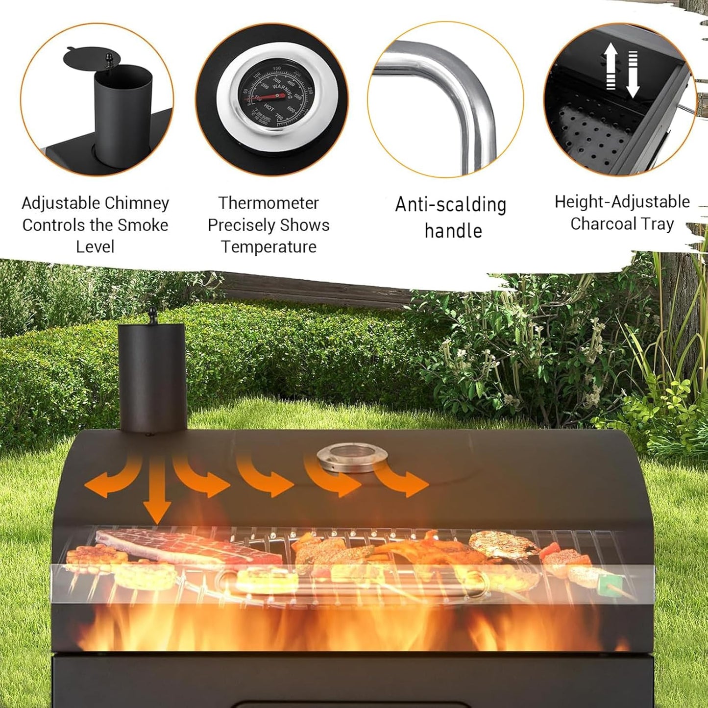 Built In Grill, 29-Inch Oversize Cooking Area Charcoal Grill, Electric rotating grill fork and Height-adjustable Charcoal Trays Outdoor Kitchen,Perfect for Outdoor Patio (Charcoal barbecue grill kit)