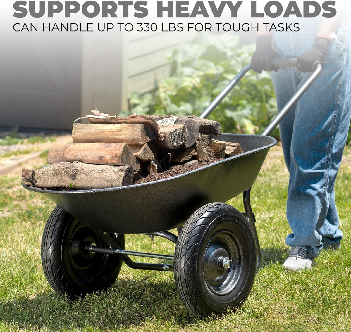 XtremepowerUS Dual-Wheel Utility Wheelbarrow Garden Cart Built-in Stand Flat-Free 16" Tires 5 cu/ft. 330 LBS Capacity Metal Tray for Lawn, Gardening