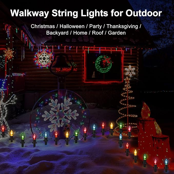 Christmas Pathway Lights Outdoor - 24.2ft Multicolor Walkway With Stakes, C9 Driveway for Outside Yard Garden, Extendable Xmas Holiday Decorations, 20 Lights