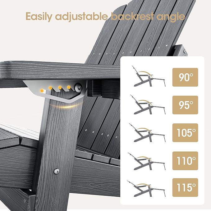 Adjustable Backrest Folding Adirondack Chair with Ottoman & 2 Cup Holders, HIPS Weather Resistant Adirondack Chair, Outdoor Fire Pit Chair for Beach, Pool, Deck, Porch, Yard, Lawn, Grey