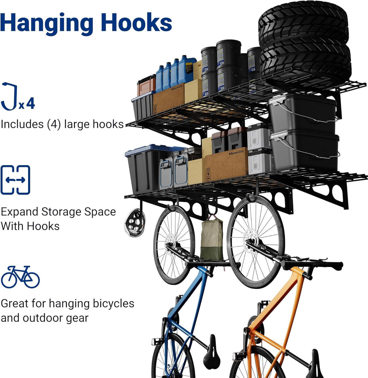FLEXIMOUNTS 2-Pack 2x6ft Garage Shelving with Hooks, 24-inch-by-72-inch Wall Shelf Garage Storage Racks Floating Shelves, Black