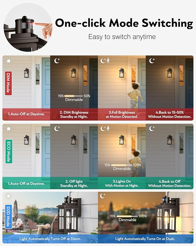 Outdoor Motion Sensor Light, 2 Pack Outside Sconce, Bronze Motion Sensor for Outside, Anti-Rust, Outdoor Light Fixture with Tempered Clear Glass for House, Garage,Entryway, Waterproof