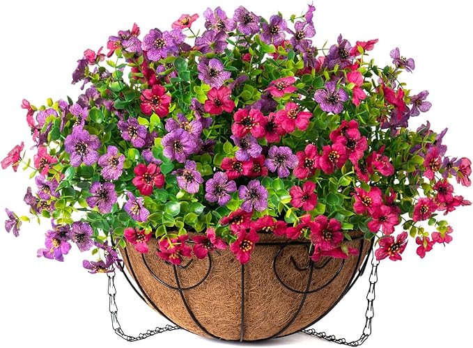 Artificial Faux Hanging Plants Flowers Basket for Spring Summer Outdoor Outside Decoration, Fake Silk Colorful Daisy Eucalyptus in Planter UV Resistant Realistic for Porch Patio Balcony Yard