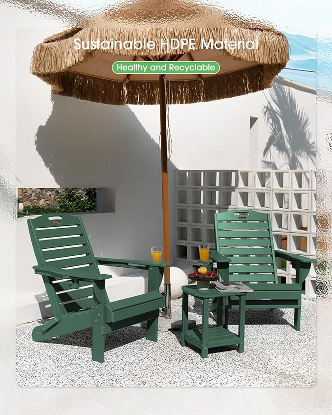 Adirondack Chairs Set of 2, Outdoor Fire Pit Chairs, HDPE All-Weather Adirondack Chairs with Cup Holder, Lawn Chair for Deck, Patio, Garden (Green)
