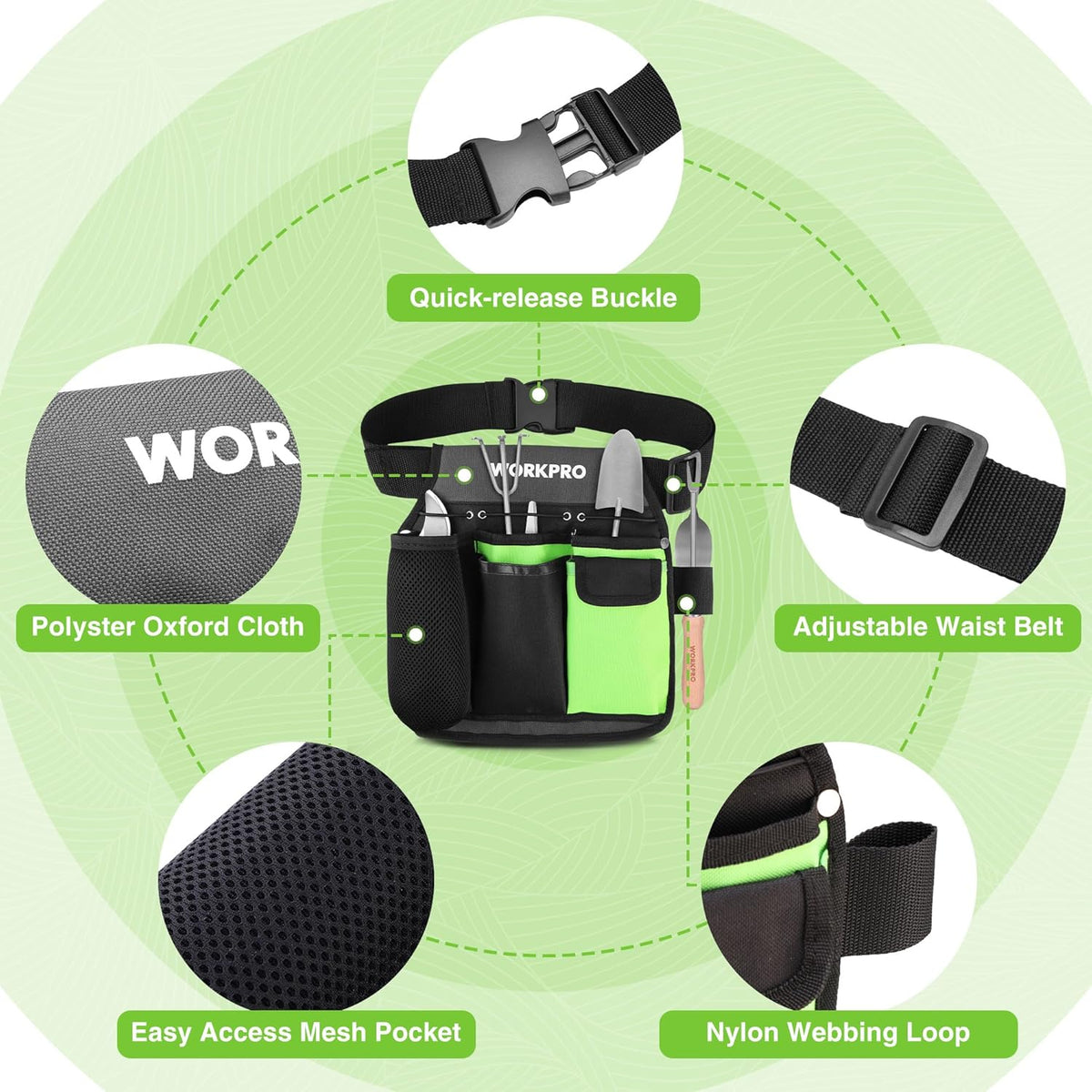 WORKPRO Garden Tool Belt, 5-Pocket Single Side Gardening Tool Pouch with Adjustable Waist Strap, Utility Garden Waist Bag for Women, Ideal for Gardening, Carpentry, and DIY Projects