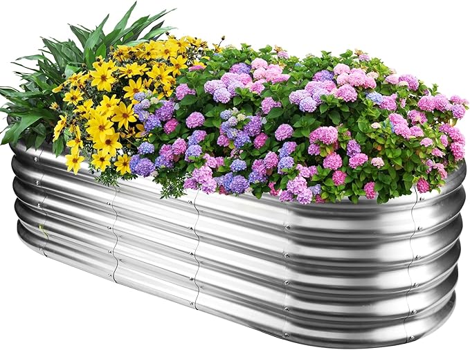 17" Tall Outdoor Garden Raised Garden Bed Kits, 5ft X 2ft Oval,0.8MM Thick Metal Raised Planter Bed/Ground Planter Box for Variety of Flowers,Herbs,Vegetables (Silver, 60X24X16.5 Inches)