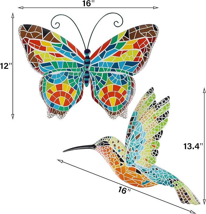 Adroiteet 16 Inch Large Wall Decor, Set of 2 Butterfly Hummingbird Metal Wall Art, Bird Wall Sculpture Hanging Decorations, Perfect for Garden Yard Fence Home Kitchen Bedroom Outdoor Indoor