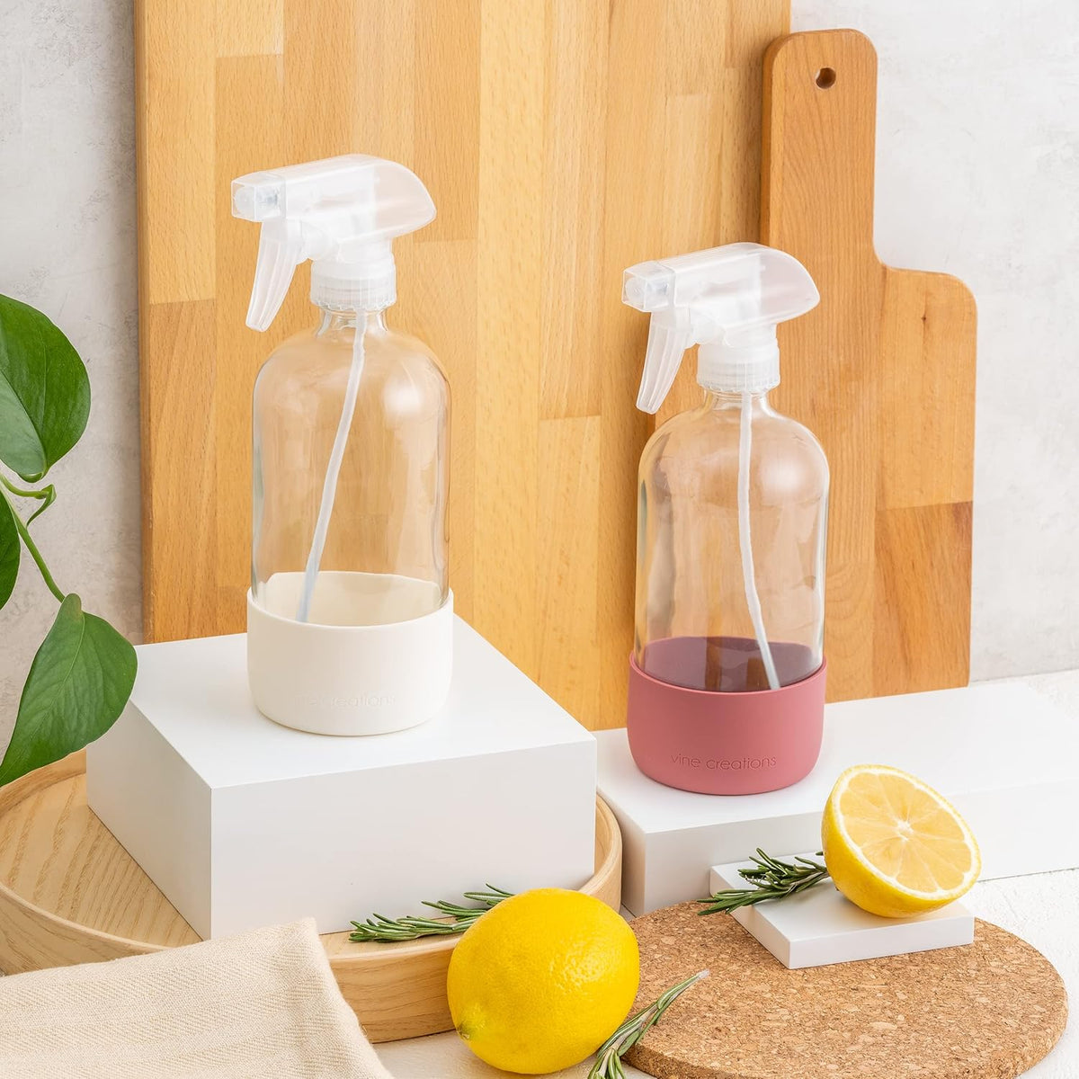 Vine Creations Glass Spray Bottles for Cleaning Solutions, Clear Glass Spray Bottle with Silicone Sleeve, 16 oz Empty Spray Bottles for Cleaning, Plant Spray Bottle, Mist and Stream Nozzle - 2 Pack