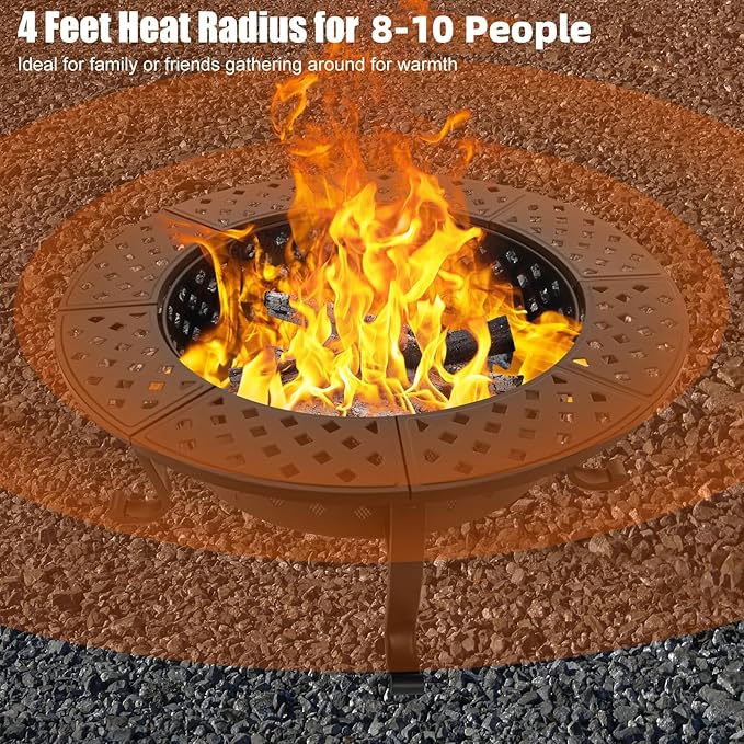 42 Inch Fire Pit with 2 BBQ Grills, Wood Burning Fire Pits for Outside with Lid & Fire Poker, BBQ& Outdoor Firepit & Round Metal Table 3 in 1 for Patio, Picnic, Party