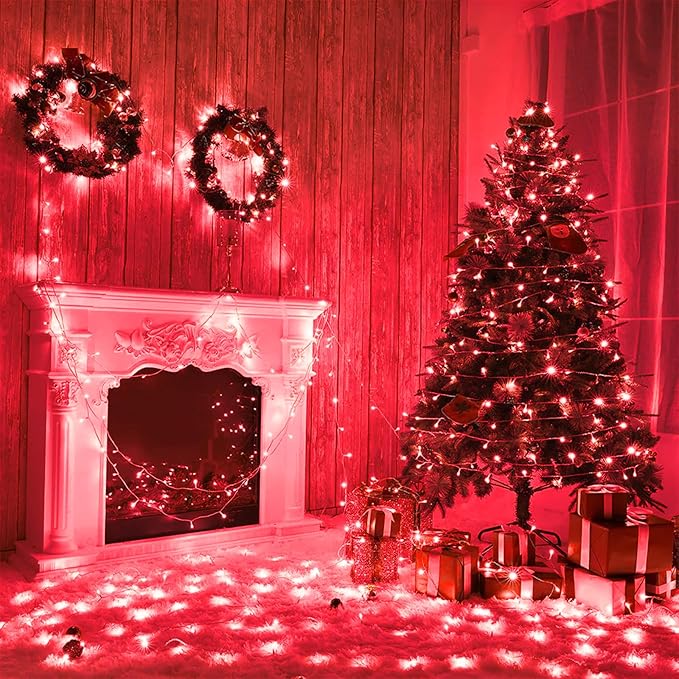 200 LED Red Christmas String Lights, 66ft Clear Wire 8 Modes, Connectable Waterproof Plug-in Twinkle Fairy Lights for Tree Bedroom Indoor Outdoor Christmas Decorations