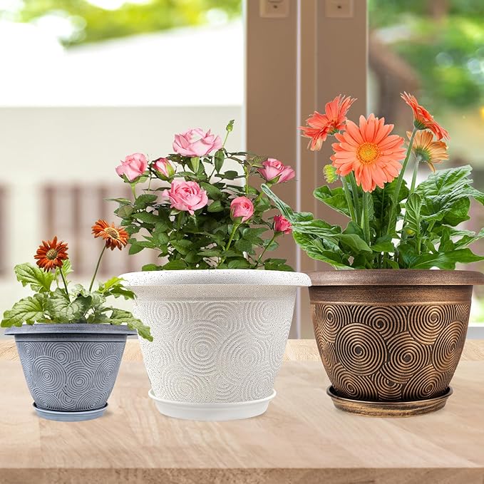 16 Inch Large Planter Pot for Plants Indoor Outdoor, 4 Pack Plastic Flower Pots with Drainage Hole & Tray, Modern Decorative Garden Pot with Saucer, Plant Container for House