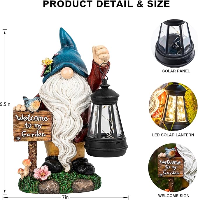 C&Y&G&X Solar Garden Gnome Statue – Waterproof Outdoor Decor with Solar Lantern LED Lights and Welcome Sign for Yard, Lawn, Patio – Ideal Gift for Grandma Mom Women