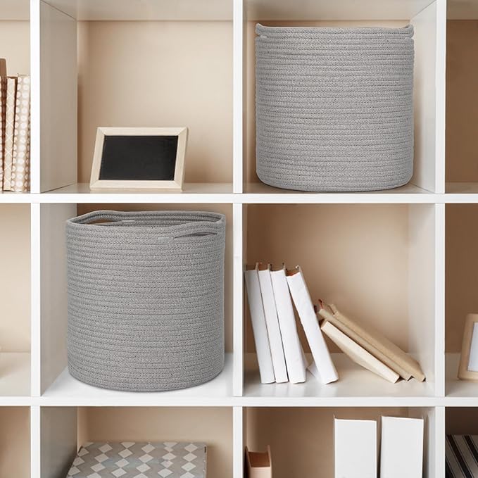 Grey Plant Basket, Woven Basket Planter for 10 inch Pot, Round Indoor Tree Pot Cover, Small Gray Storage Bin Organizer, Decorative Basket for Plants and Home Decor, 11”X11”