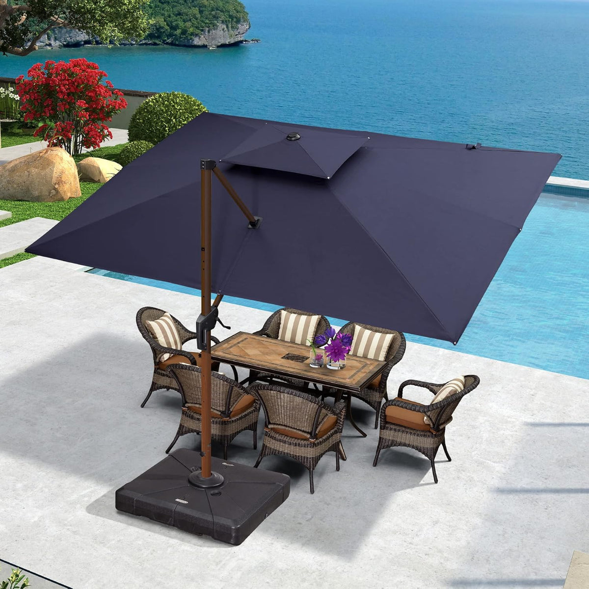 PURPLE LEAF 9' X 12' Double Top Deluxe Wood Pattern Rectangle Patio Umbrella Offset Hanging Umbrella Outdoor Market Umbrella Garden Umbrella, Navy Blue