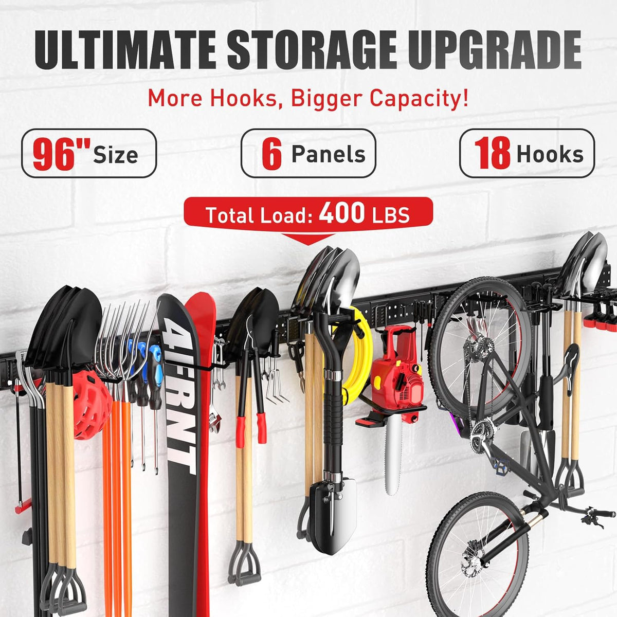 Garage Tool Organizer Wall Mount 96 inches with 18 Adjustable Heavy-Duty Hooks, Garage Organization, Garden Tool Storage Rack, Yard, and Shed, Holds Up to 750 lbs