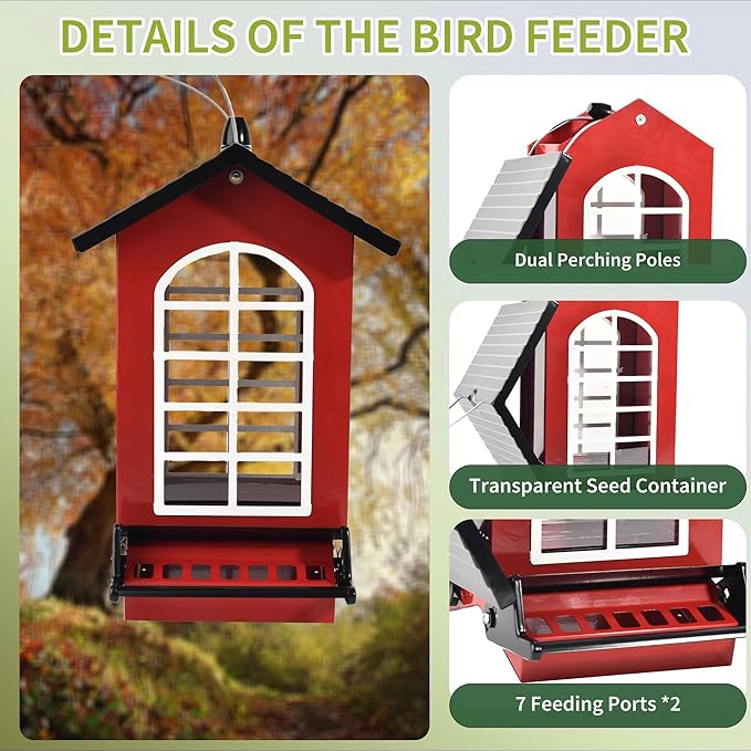 Bird Feeder Squirrel Proof Metal Hanging for Outdoor Wild Bird Seed, 5LBS with Bilateral Weight-Activated Perches, Heavy Duty Bird Feeders for Outside Wild Bird - Red