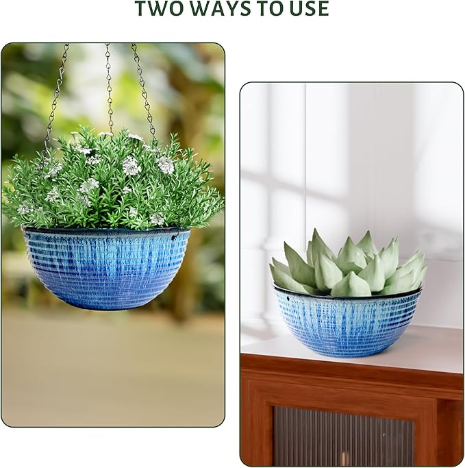 10in Hanging Planters for Indoor and Outdoor Plants, 2 Pack Hanging Planter with Drainage Hole, Round Hanging Flower Pots for Garden Home Decor (Blue Glaze)