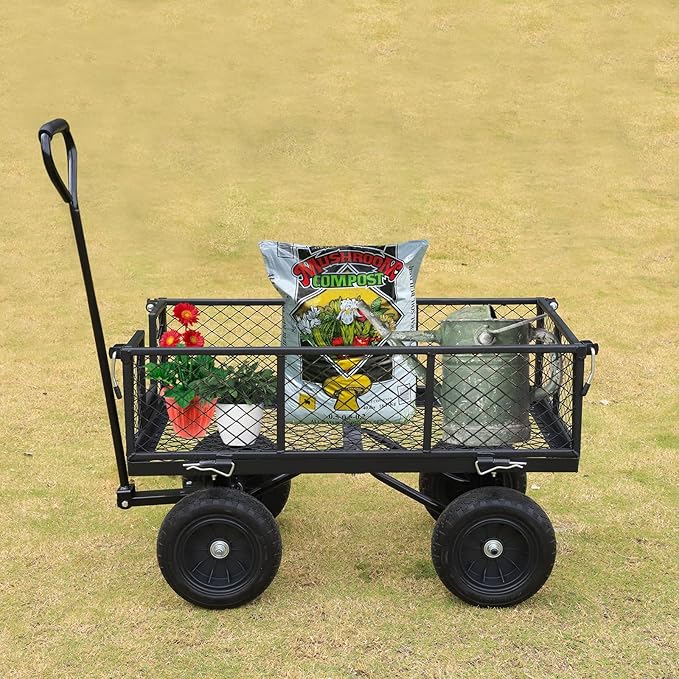 BILT HARD 400 lbs 10" Flat Free Tires Steel Garden Cart with 180° Rotating Handle and Removable Sides, 4 Cu.Ft Capacity Utility Heavy Duty Garden Carts and Wagons