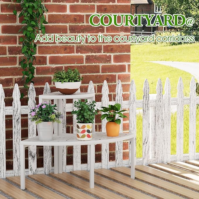 aboxoo 2 Tier Plant Stand Flower Pot Rack for Patio,Heavy Duty Metal Stair-Step Style Corner Shelf Planters, Quarter Round Display Holder for Indoor Outdoor Use(White, Semicircle)