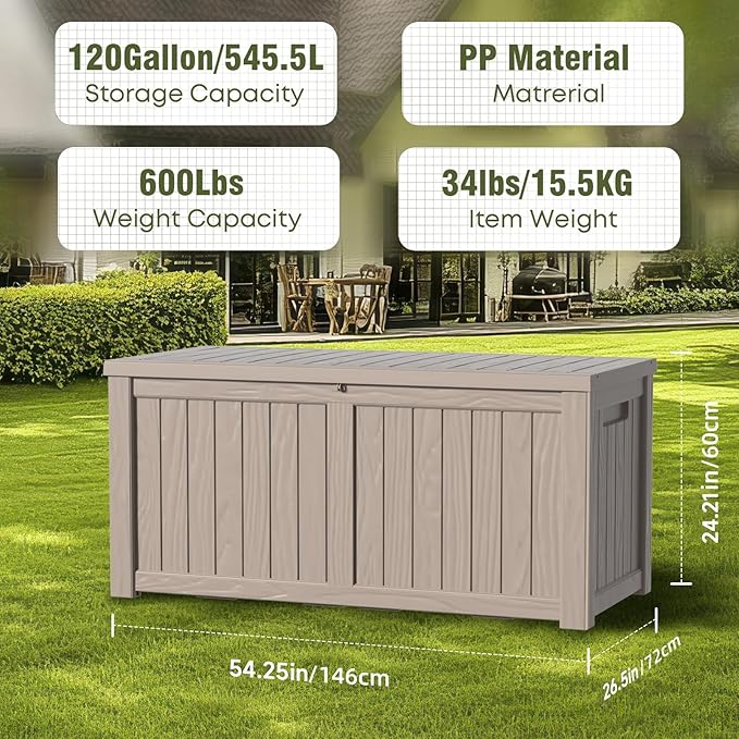 120 Gallon Outdoor Deck Box,Storage Lockable Waterproof Patio Furniture,Garden Tools,Cushions,Pool Accessories Outside Storage Resin Box(Grey)