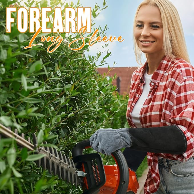 HANDLANDY Long Gardening Gloves for Men & Women, Cowhide Leather Rose Pruning Gloves, Breathable Thorn Proof Gauntlet Glove (Dark Grey-Black, XL)