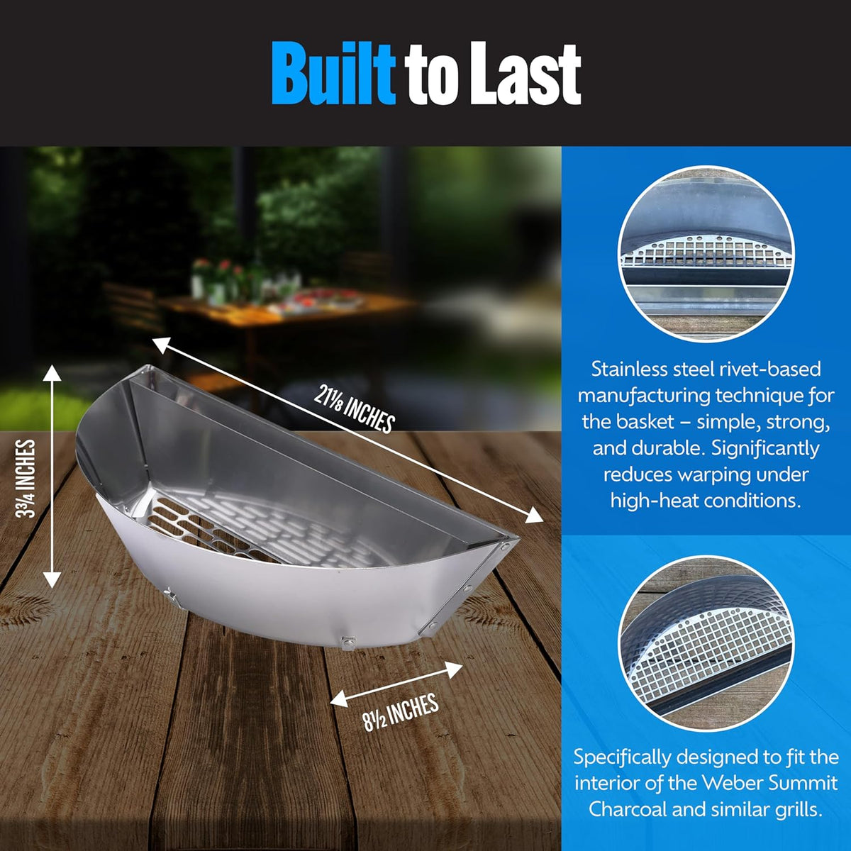 SnS Grills Slow ‘N Sear Charcoal Inserts for Low ‘N Slow & High-Heat Cooking - Patented Stainless Steel Accessories for Kettle Grills - Low Profile 22"