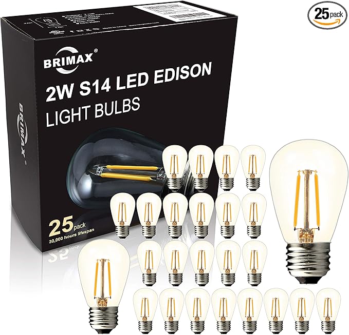 BRIMAX 25 Pack 2W S14 Replacement LED Bulbs,2700K Soft Warm White, Shatterproof Waterproof Outdoor String Light Bulbs Dimmable,E26 Medium Base,Plastic Edison Bulbs for Patio Garden