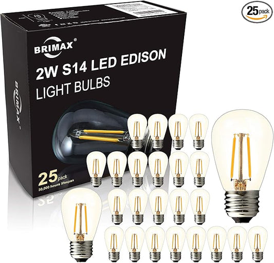 BRIMAX 25 Pack 2W S14 Replacement LED Bulbs,2700K Soft Warm White, Shatterproof Waterproof Outdoor String Light Bulbs Dimmable,E26 Medium Base,Plastic Edison Bulbs for Patio Garden