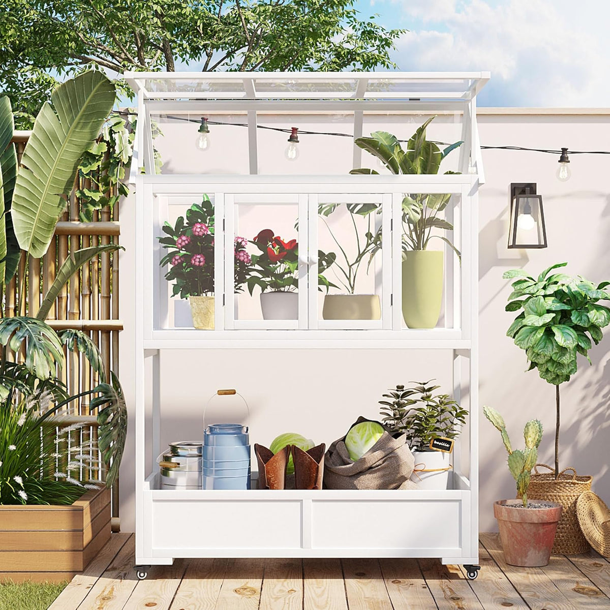 Garden Wood Portable Cold Frame - Mini Greenhouse with Wheels, Open Roof & Storage (White + Beige + Beige)