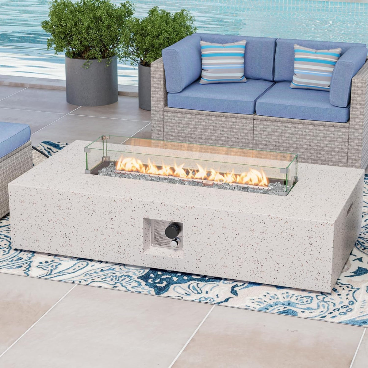 COSIEST Outdoor Propane Fire Pit Table, 56" x 28" Rectangle Terrazzo White Concrete-Like Finish, CSA Certified, 50,000 BTU Stainless Steel Burner w Transparent Gray Fire Glass, Wind Guard, Raincover