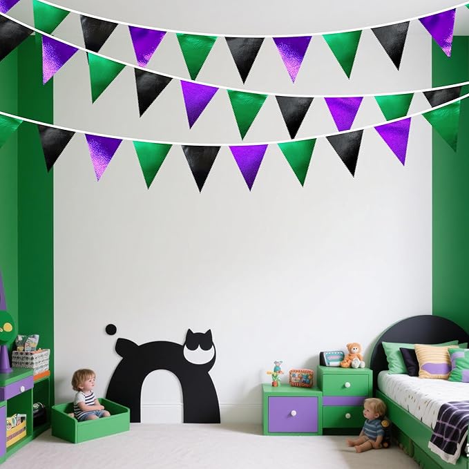 Black Purple Green Party Decorations Metallic Fabric Triangle Pennant Banner Flag Bunting for Boys Men Birthday Graduations Wedding Bachelorette Retirement Video Game Level Up Theme Party Supplies