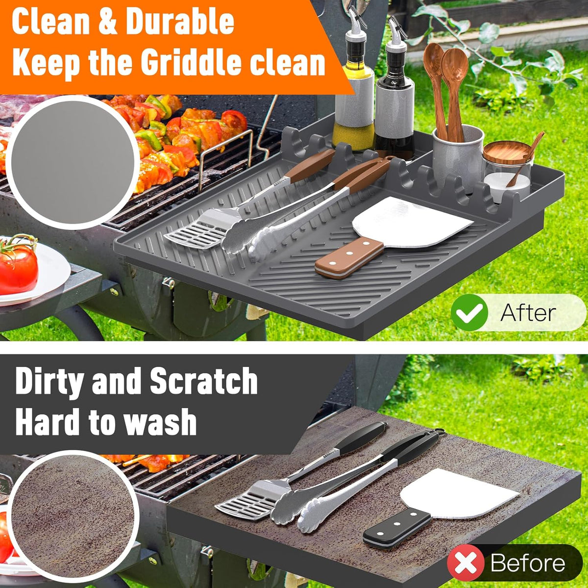 Silicone Grill Mat Compatible with Blackstone, Silicone Griddle Tools Mat with Drip Pad, Spatula Mat for Outdoor Grill Kitchen Counter (Grey)