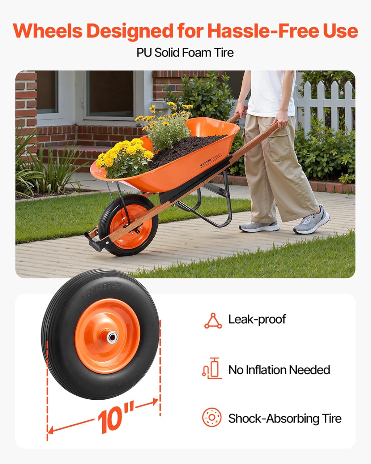 VEVOR Wheelbarrow Cart, 5 Cu. Ft. Load & 265 lbs Capacity, One Wheel Garden Dump Cart, Garden Wagon with Metal Handle & 16" Wide Track Wheels, Easy Loading Utility Yard Cart & Wagons for Lawn Farm