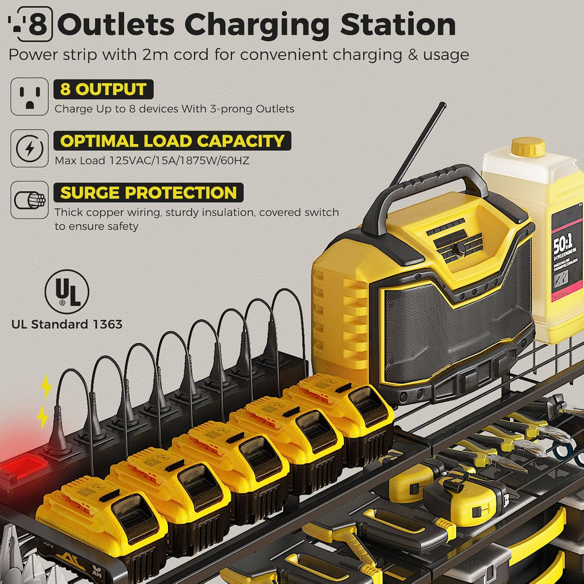 ‌Heavy Duty 4-Layer Power Tool Organizer Wall Mount with 8 Outlet Power Strip- Holds 8 Cordless Drills, 400lbs Capacity Metal Garage Storage Rack‌