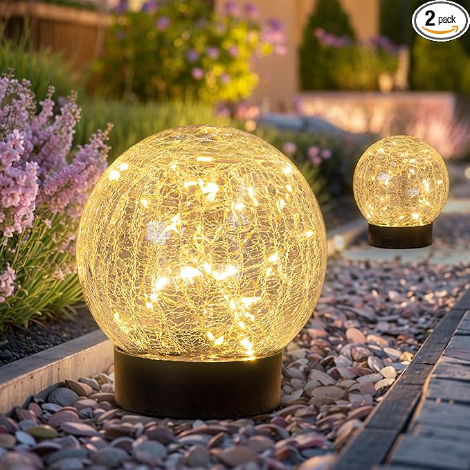 Beautyard Solar Globe Lights Outdoor Large Garden Decor USB Charged 4.72" Diameter 40LED 1000mAh Solar Lights Cracked Glass Globe Power Yard Patio Garden (4.72'' Large 2 Pack Warm White)