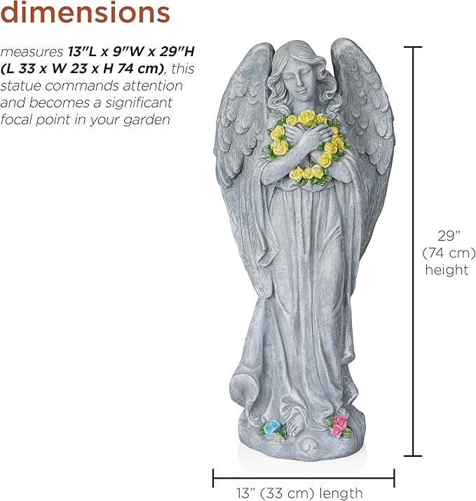 Alpine Corporation MCC832 Angel with Yellow Flower Wreath Statue, Meaningful Décor for Garden, Patio, & Lawn, 29" H, Multicolor