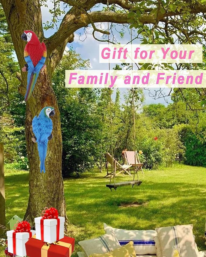 2Pcs Large Resin Parrot Decor Statues Lifelike Hawaiian Tropical Birds Decor, 12.5" Fake Parrot for Tiki Decoration Outdoor Garden Tree Wall Pool Macaw Statues Bird Lover Ornament Gifts(Blue and Red)