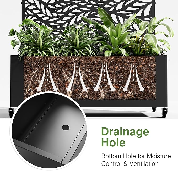 Casaphoria Metal Raised Garden Bed with Trellis and Wheels, 72"x35"x16" Planter Box for Climbing Plants, Vegetables & Vines, Features Drainage Holes and Privacy Screen (Black-Spring)