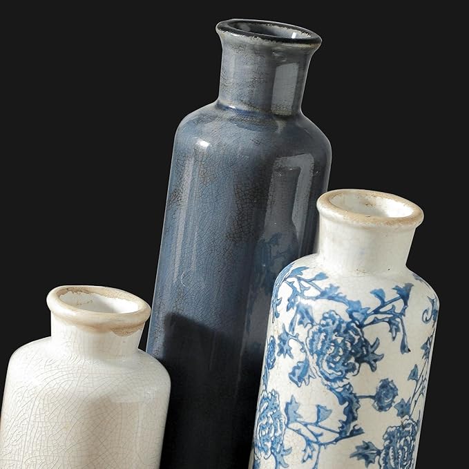 Ceramic Vintage Vases Set of 3, Blue and White Flower Decorative Vase Chinoiserie Decor Rustic Farmhouse Retro Floral Vases for Table Bookshelf Mantel Kitchen Living Room Office