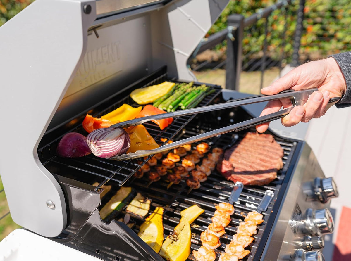 Monument Grills 4-Burner Liquid Propane Gas Grill, Silver Stainless Steel Grill Outdoor Patio Garden Barbecue Grill with Clearview® Lid and One Foldable Shelf, Mesa400MF